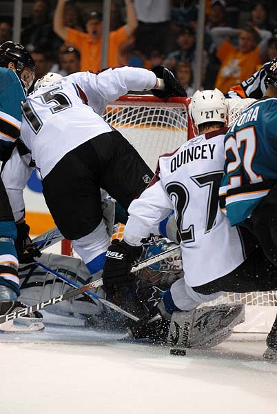 Stanley Cup Playoffs San Jose Sharks goaltender Evgeni Nabokov makes a third period save