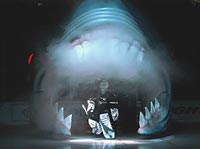 Vesa Toskala coming out of the Sharks head