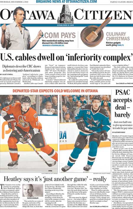 Ottawa Sun front page Dany Heatley return with San Jose Sharks