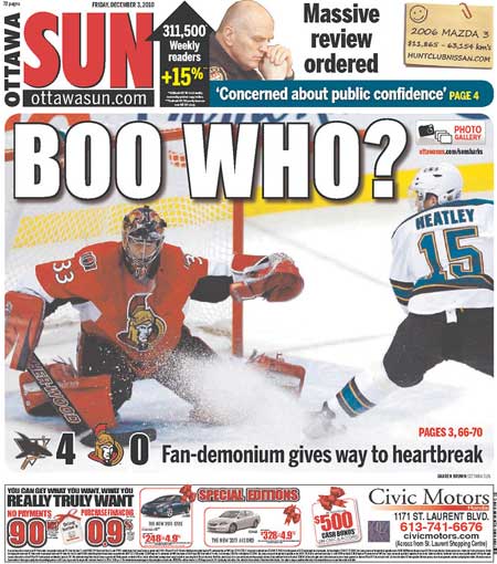Ottawa Sun fails to come up with catchy headline after 4-0 blowout loss